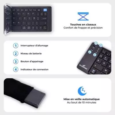 Clavier sans fil pliable - Ordinateur, tablette, smartphone, TV - Touches ciseaux - BLUESTORK - KB-MINI-FOLD/FR - AZERTY - Noir