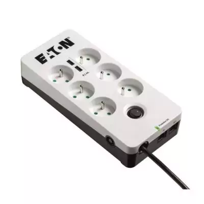 Multiprise/Parafoudre EATON PB6TUF: 6 prises FR + 1 prise tel/RJ + 2 ports USB, Blanc & Noir - Protection maximale