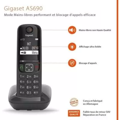 Téléphone Fixe Gigaset AS690 Noir - Pack de 1 Téléphone sans Fil