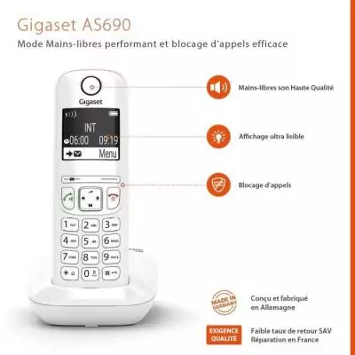 Téléphone Fixe Blanc GIGASET AS690 - Mains-libres performant HSP™