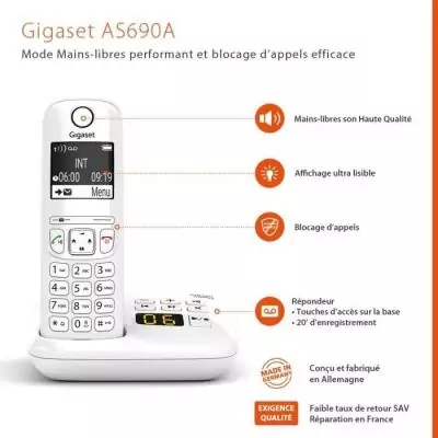 Téléphone Fixe AS690 A Blanc - GIGASET - Répondeur intégré & Mains libres - ID d'appelant