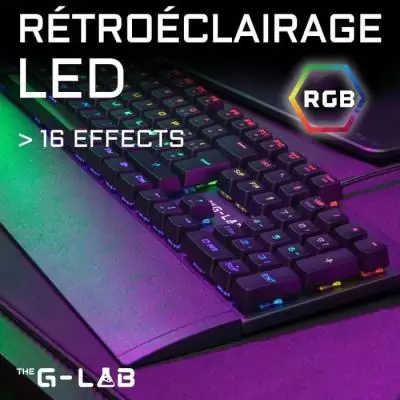 Clavier Gamer - The G-Lab - KEYZ CARBON E - Mécanique (Switch Bleu) - Rainbow - Low Profile - Repose Poignet - Filaire - Noir Clavier Gamer - The G-Lab - KEYZ CARBON E - Mécanique (Switch Bleu) - Rainbow - Low Profile - Repose Poignet - Filaire - Noir