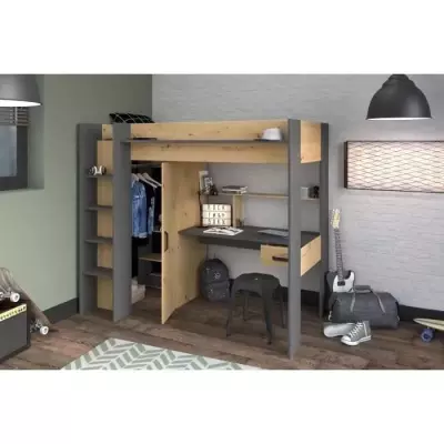 Lit combiné mezzanine enfant PARISOT HIGH - Chene et gris - Sommier i Lit combiné mezzanine enfant PARISOT HIGH - Chene et gris - Sommier i