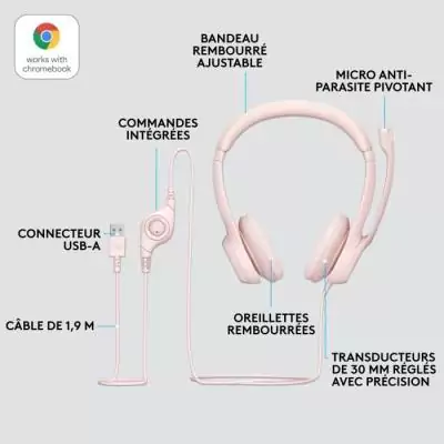 Casque Filaire Logitech H390 USB Rose - Anti-parasite et Confortable