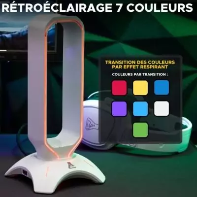 Support pour Casque/Micro-Casque RGB USB Blanc - Élégant et Pratique
