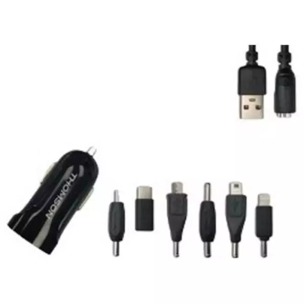 Kit chargeur de voiture Thomson 12/24V 2A avec 6 connecteurs:Compatible MINI USB–MICRO USB– NOKIA 6110 –NOKIA MINI-USB-C-