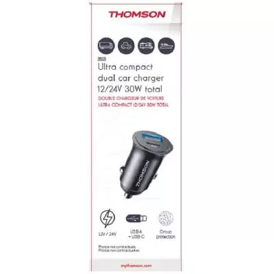 Chargeur voiture THOMSON 30W USB-C PD + QC 3.0 - Ultra-compact et puissant Chargeur voiture THOMSON 30W USB-C PD + QC 3.0 - Ultra-compact et puissant