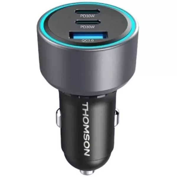 Chargeur voiture THOMSON-12/24V-60W 2x-USB-C: PD 30W+ USB-A QC 3.0 18W avec protections surtensions, surintensités, courts-circ