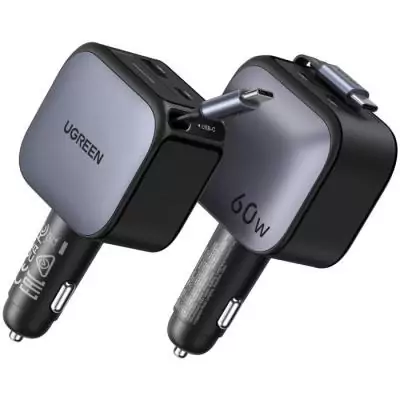 Chargeur voiture UGREEN 60W USB-A + USB-C Rétractable Noir 