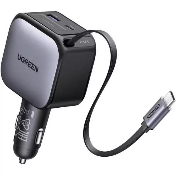 Chargeur voiture - UGREEN - 90W - USB-A et USB-C - Rétractable - Noir