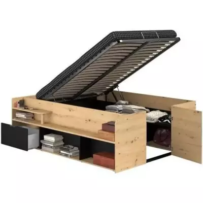 ODYSSEE Lit adulte - 140x200 cm - Avec coffre relevable - Décor chene ODYSSEE Lit adulte - 140x200 cm - Avec coffre relevable - Décor chene