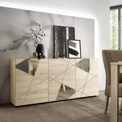 Buffet VICTORY - Décor Chene Sonoma - 3 Portes - Miroir - L 181 x P 4