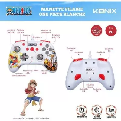 Manette de jeu One Piece pour Nintendo Switch, Switch 2 et PC - Luffy - Blanc Tremblez de plaisir avec la manette filaire Konix 