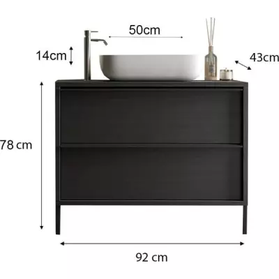 Ensemble Salle de Bain: Meuble L 92cm + Vasque - Chene Noir Ensemble Salle de Bain: Meuble L 92cm + Vasque - Chene Noir