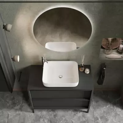 Ensemble Salle de Bain: Meuble L 92cm + Vasque - Chene Noir Ensemble Salle de Bain: Meuble L 92cm + Vasque - Chene Noir