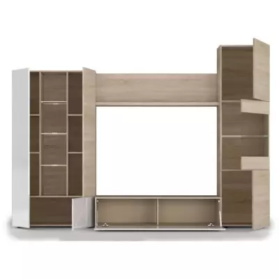 Meuble TV LED classique blanc brillant et chene - L 260 cm