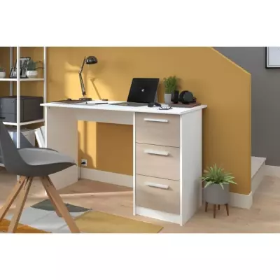 Bureau ESSENTIEL - 3 tiroirs - Décor chene et blanc - PARISOT Bureau ESSENTIEL - 3 tiroirs - Décor chene et blanc - PARISOT