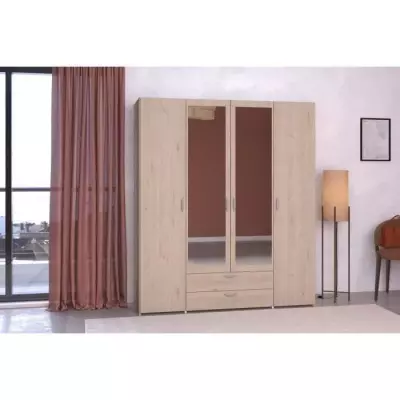 Armoire VARIA - Chêne Décor - 4 Portes - 2 Tiroirs - Miroirs - Made in France