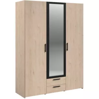 Armoire VARIA - Chene et noir - 3 portes + 2 tiroirs - L150 x H200 cm Armoire VARIA - Chene et noir - 3 portes + 2 tiroirs - L150 x H200 cm