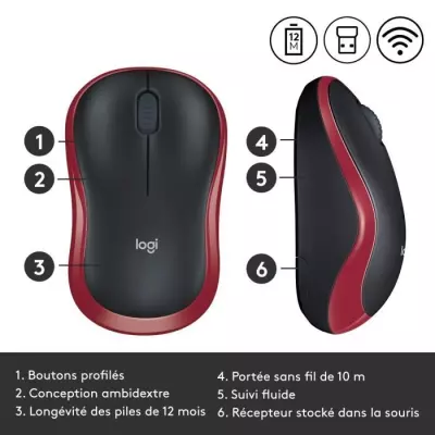 Souris sans fil Logitech M185 Rouge - Compacte et Précise Souris sans fil Logitech M185 Rouge - Compacte et Précise