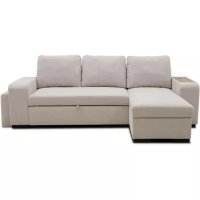 Canapé d'angle convertible VALDO 3-4 places - Beige - Tablette USB - Coffre + Pouf