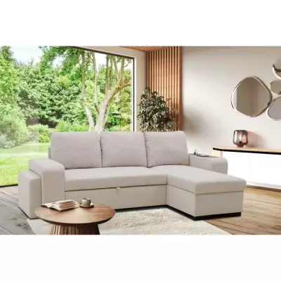 Canapé d'angle convertible VALDO 3-4 places - Beige - Tablette USB - Coffre + Pouf