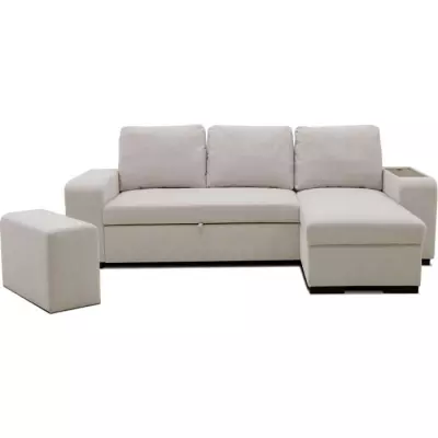 Canapé d'angle convertible VALDO 3-4 places - Beige - Tablette USB - Coffre + Pouf