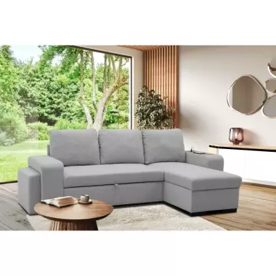 Canapé d'angle convertible VALDO 3-4 places - Tissu Souris - USB - Coffre + Pouf