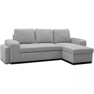 Canapé d'angle convertible VALDO 3-4 places - Tissu Souris - USB - Coffre + Pouf