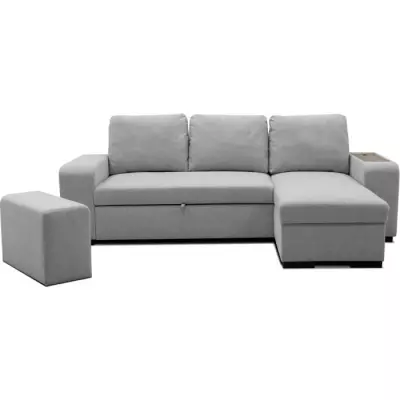 Canapé d'angle convertible VALDO 3-4 places - Tissu Souris - USB - Coffre + Pouf