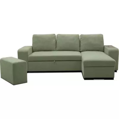 Canapé d'angle réversible VALDO 3-4 places - Tissu Neve Sauge - USB - Coffre + Pouf Canapé d'angle réversible VALDO 3-4 places - Tissu Neve Sauge - USB - Coffre + Pouf