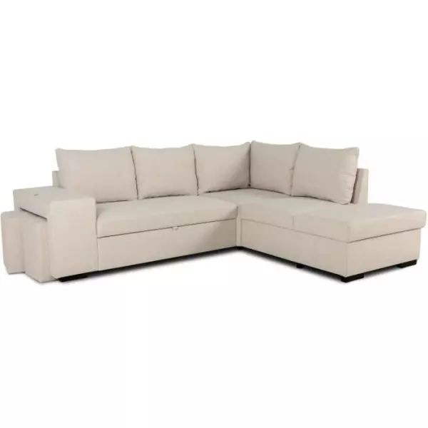 Canapé d'angle convertible réversible 4 places MITCHELL - Tissu Beige - L 247 x P 91 x H 205 cm - Coffre de rangement