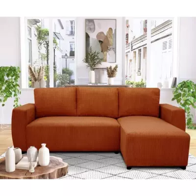 Canapé d'angle convertible 3-4 places en velours cotelé terracotta