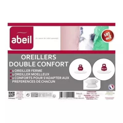 Lot de 2 oreillers DOUBLE CONFORT 100% coton 60x60cm - Fabriqué en France
