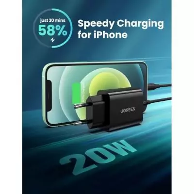 Chargeur secteur - UGREEN - 1 Port USB-C - 20W - Noir