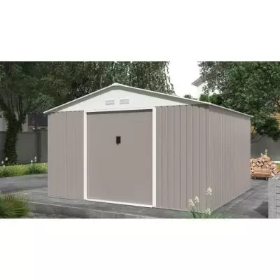 Abri de jardin métal 10,85m² - Taupe - Kit d'ancrage - 2 portes coulissantes