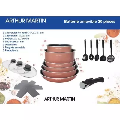 Ensemble de cuisine 20 pièces Arthur Martin - aluminium - poignée amovible - tous feux induction