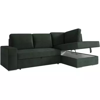 Canapé d'angle convertible vert foncé en velours côtelé - L246 x P174 x H96cm