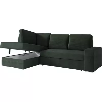 Canapé d'angle gauche convertible ADEN en velours côtelé vert foncé - L246 x P174 x H96cm