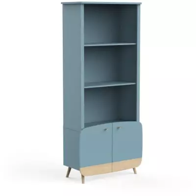 Bibliothèque Scandinave Bleu Orage & Bois Naturel - 77.4 x 36.6 x 177 cm