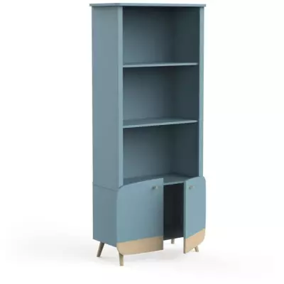 Bibliothèque Scandinave Bleu Orage & Bois Naturel - 77.4 x 36.6 x 177 cm
