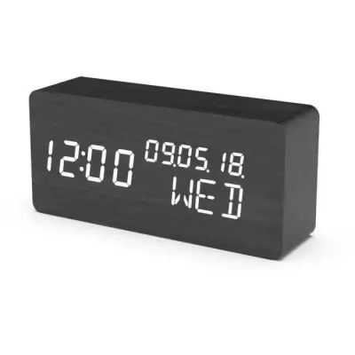 Réveil 4 en 1 EVOOM - Style Bois Noir - Horloge, Thermomètre, Calendrier