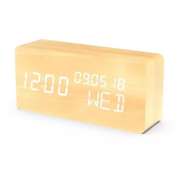 Réveil 4 en 1 - EVOOM - Modele WOOD - Horloge, Thermometre, Calendrier - Couleur Naturel - Radio numérique