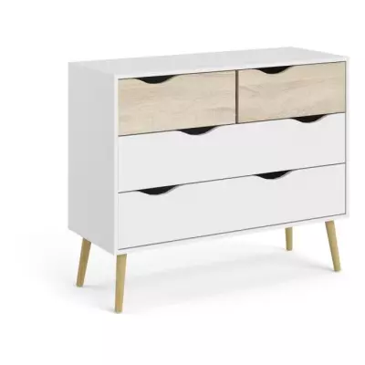 Commode 4 tiroirs Blanche/Chêne - Pieds bois massif - Responsable FSC