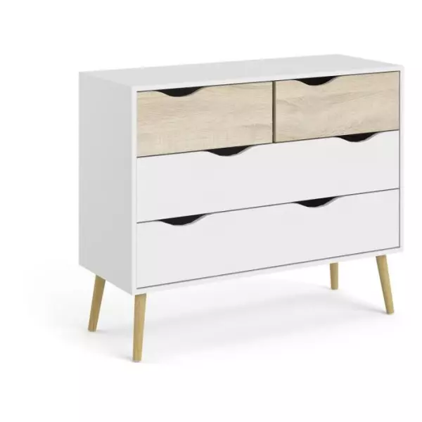 Commode 4 tiroirs - Blanc / Chene - Pietement évasé en bois massif - 98,7 x 39,1 x 81,7 cm ARO