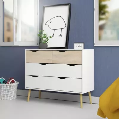 Commode 4 tiroirs Blanche/Chêne - Pieds bois massif - Responsable FSC