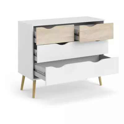 Commode 4 tiroirs Blanche/Chêne - Pieds bois massif - Responsable FSC