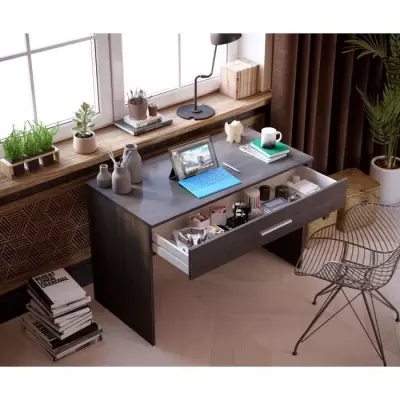 Bureau grand tiroir - Mélaminé gris cendré - Spacieux et pratique!