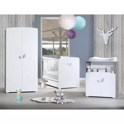 Chambre bébé trio Leaf: lit, commode et armoire - Blanc Chambre bébé trio Leaf: lit, commode et armoire - Blanc