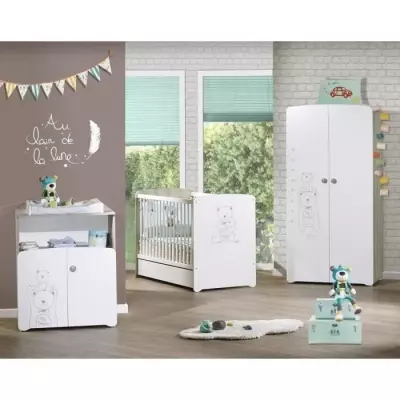 Chambre bébé trio Teddy: lit 120x60, commode et armoire - Blanc